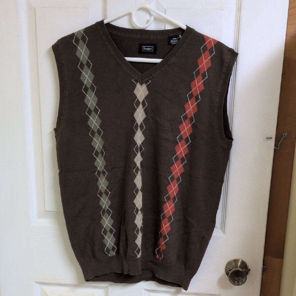 Haggar Men's Brown Argyle V-Neck Sweater Vest Grandpa Academia Warm